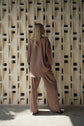 Silk suit in a deep taupe color