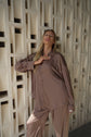 Silk suit in a deep taupe color