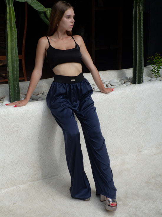 Silk trousers in deep indigo