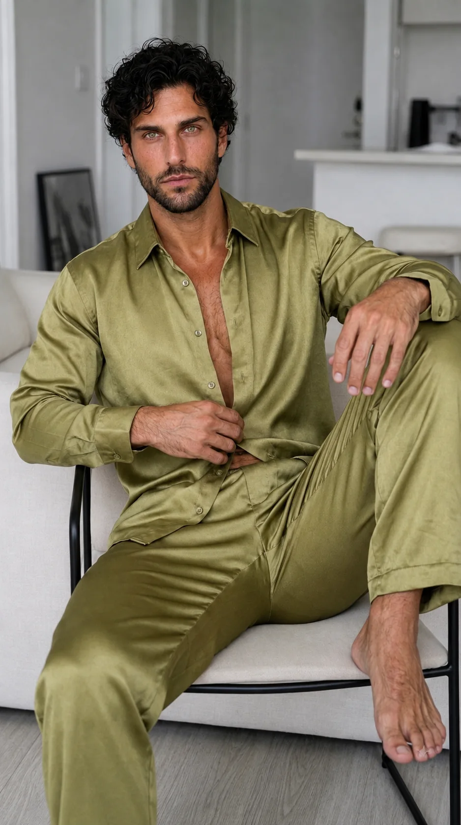 BREEZE MEN SILK SHIRT LONG SLEEVE Olive