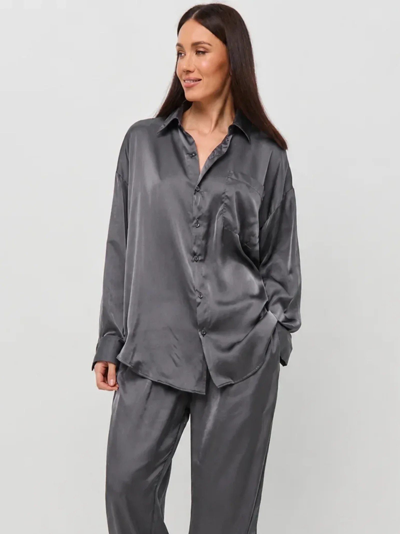 MIDNIGHT GRAPHITE SILK SET: SHIRT & LONG PANTS