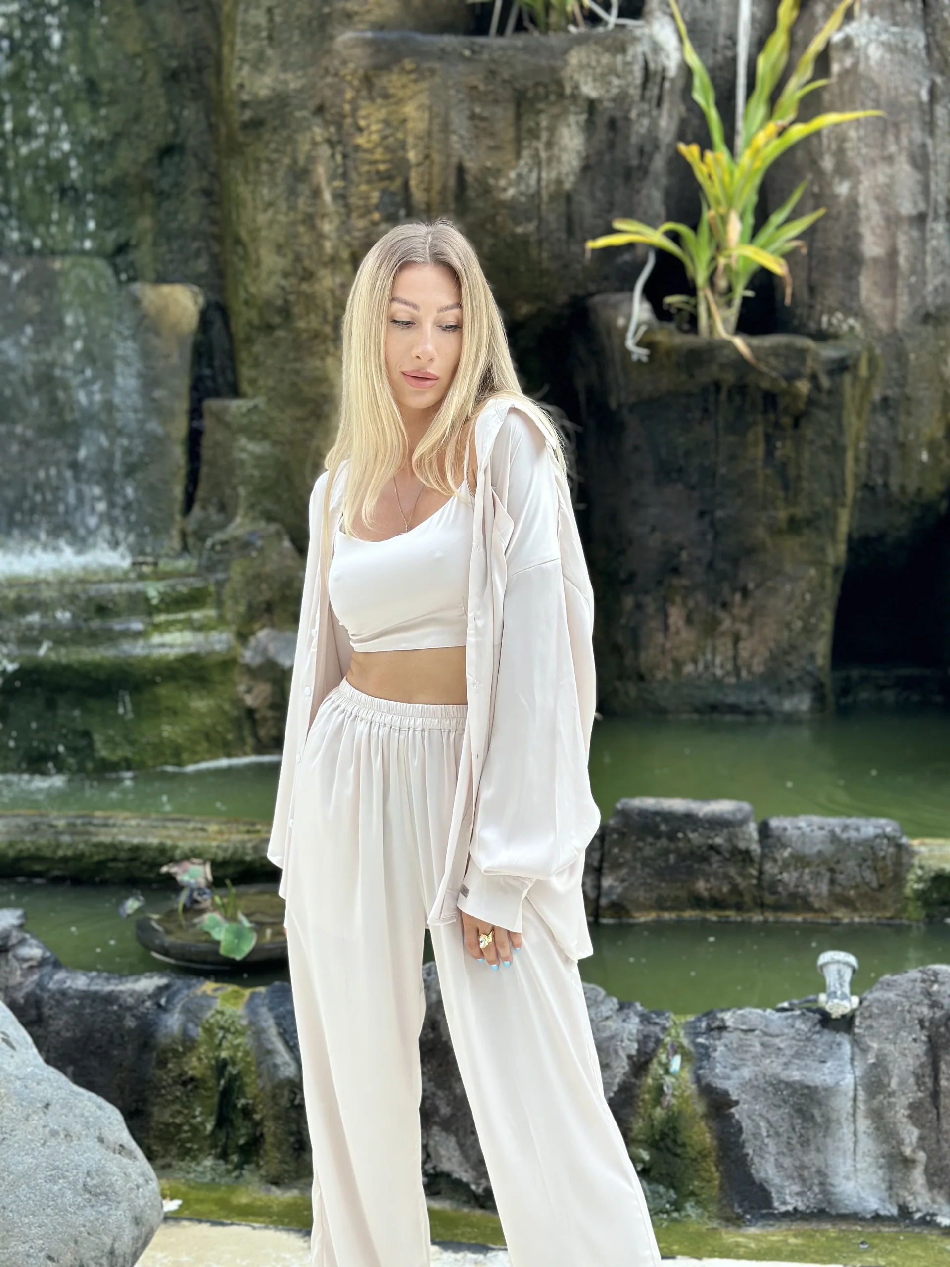 MIDNIGHT CREAM SILK SET: SHIRT & LONG PANTS